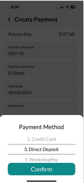 Workshop Software mobile app invoice functionality showing payment method and press confirm