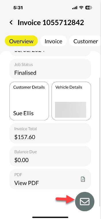 Workshop Software mobile app invoice functionality showing circle bottom right hand corner