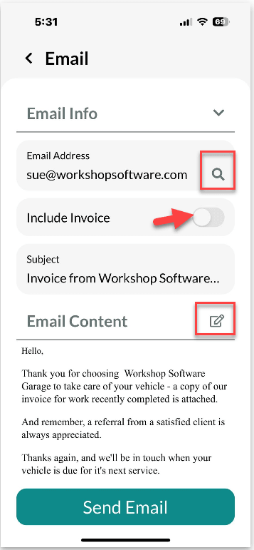 Workshop Software mobile app invoice functionality showing box in the email content area if you want to change or add anyt…