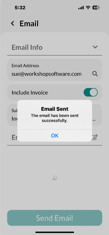 Workshop Software screen showing you will then receive a confirmation that the email was sent