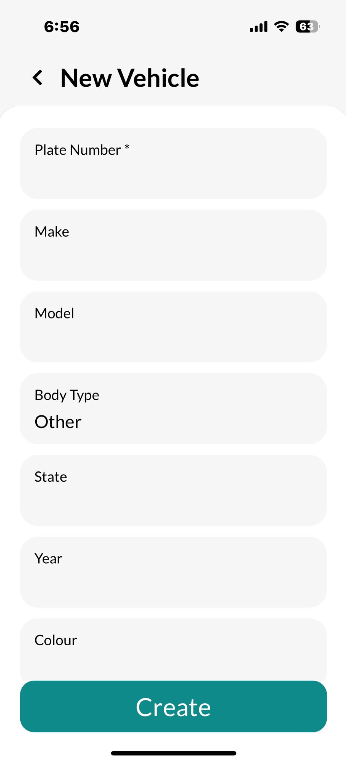 Workshop Software screen showing plate number (compulsory field) make model body type state year colour odomet…