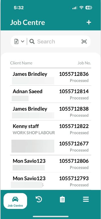 Workshop Software mobile app invoice functionality showing processed invoice from the job centre to which you would like t…