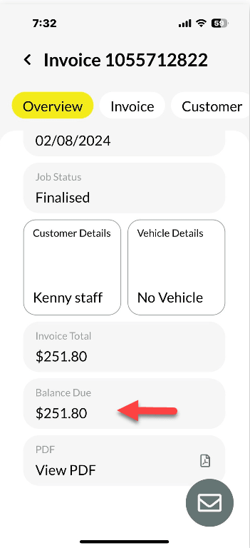 Workshop Software mobile app invoice functionality showing balance due box
