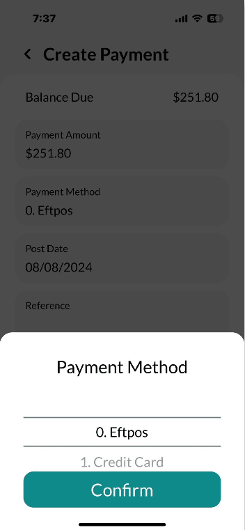 Workshop Software mobile app invoice functionality showing payment method and then press confirm