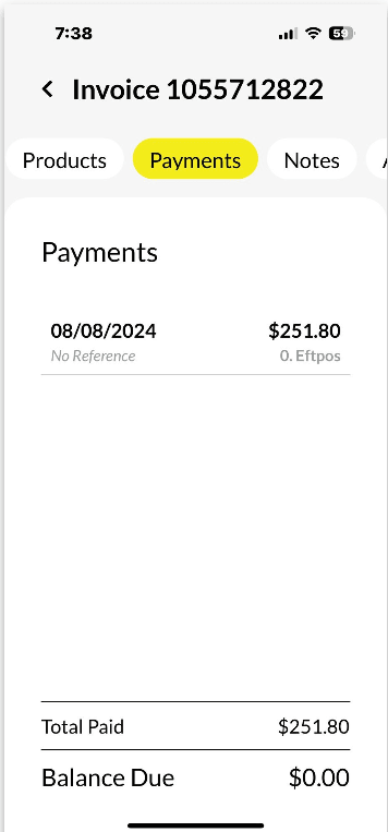 Workshop Software screen showing you will then see the payment listed in the payments tab