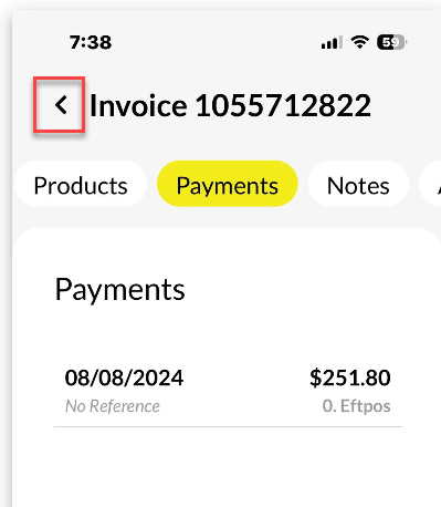 Workshop Software mobile app invoice functionality showing arrow to return to the job centre