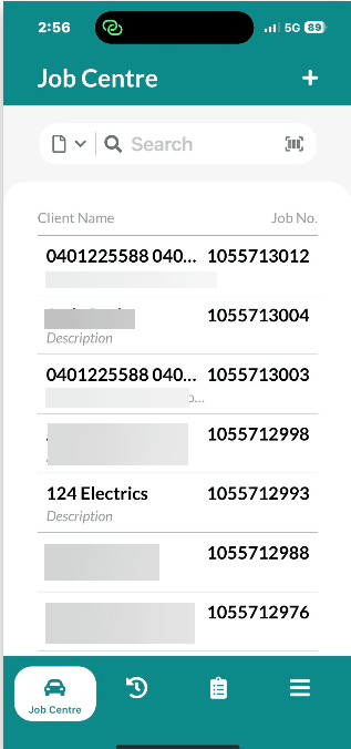 Workshop Software barcode scanner on the mobile app showing job centre and select the job you want to work on