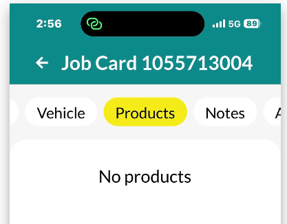 Workshop Software screen showing in the top menu of the selected job, tap the products tab to view products al…