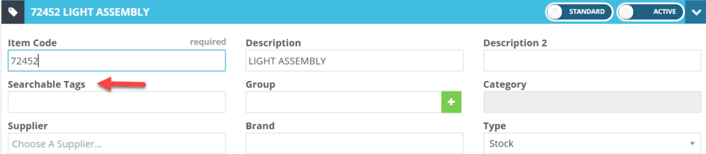 Workshop Software screen showing in the searchable tag field, enter the product’s barcode