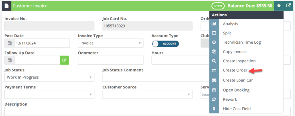 Workshop Software order and purchase parts from burson showing create order and choose burson as your supplier