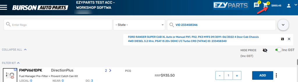 Workshop Software order and purchase parts from burson showing shopping cart icon in the top-right corner