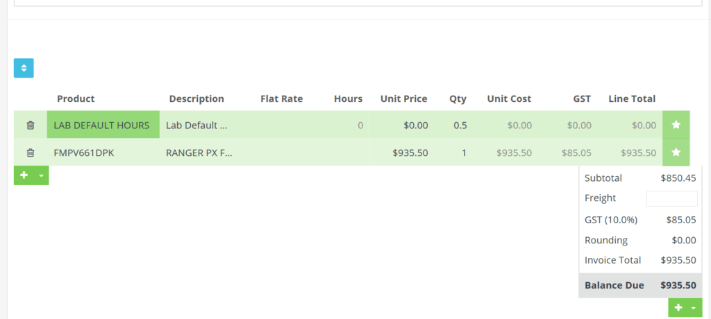 Workshop Software screen showing this will automatically add the selected parts to your invoice in workshop so…