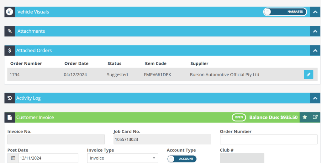 Workshop Software screen showing you will then see the attached order above the customer invoice
