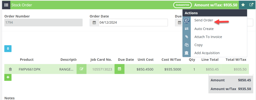 Workshop Software screen showing then select send order and process