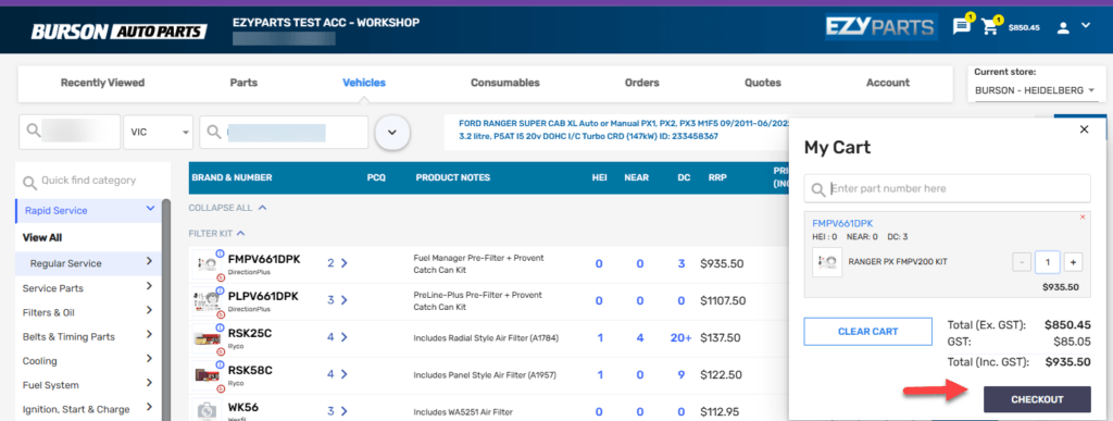 Workshop Software screen showing after reviewing your order, click checkout