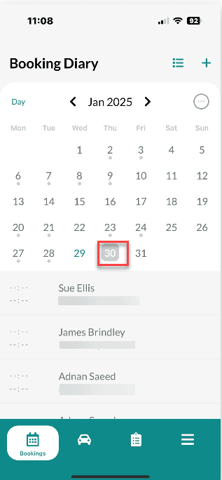 Workshop Software booking diary feature mobile app showing date you would like to view bookings for
