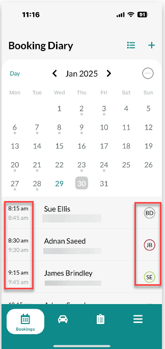 Workshop Software screen showing once a booking is assigned to a technician, you will see the technician’s ini…