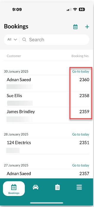 Workshop Software screen showing you can press on the booking number to be taken directly to that specific boo…
