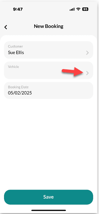 Workshop Software booking diary feature mobile app showing arrow in the vehicle field to choose a vehicle, or press the 