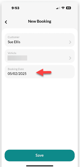 Workshop Software booking diary feature mobile app showing desired date and confirm your selection
