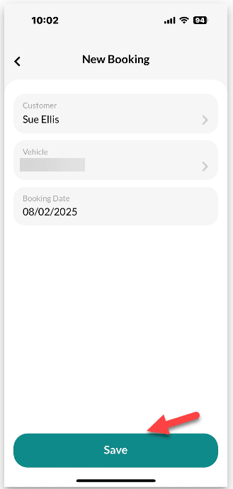 Workshop Software screen showing saving the booking once the customer, vehicle, and booking date are selected,…