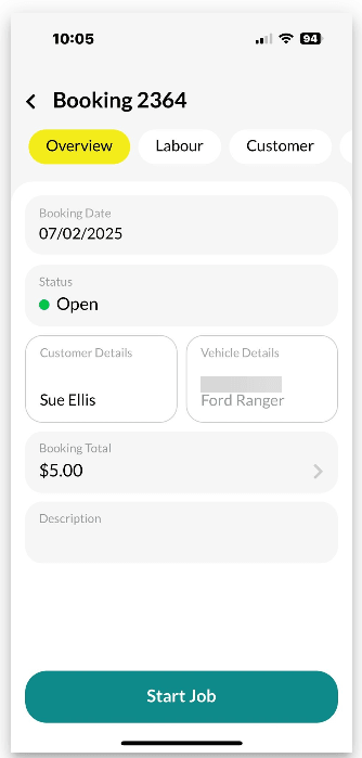 Workshop Software screen showing from the overview page, you can start the job, view the booking total, add pr…