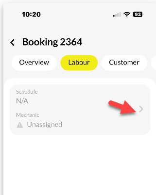 Workshop Software screen showing labour tab in the labour tab, you can select the mechanic to assign to the bo…
