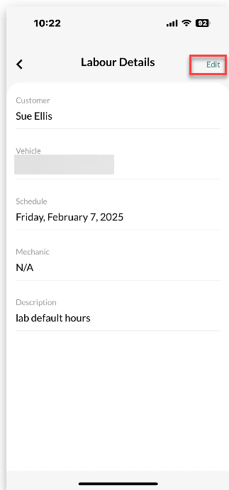 Workshop Software booking diary feature mobile app showing edit top right hand corner