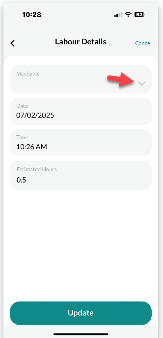 Workshop Software booking diary feature mobile app showing arrow in the mechanic field to bring up the list of mechanics