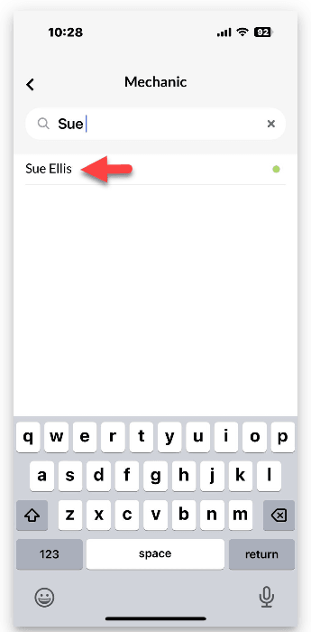Workshop Software booking diary feature mobile app showing your desired mechanic and press on their name to select them