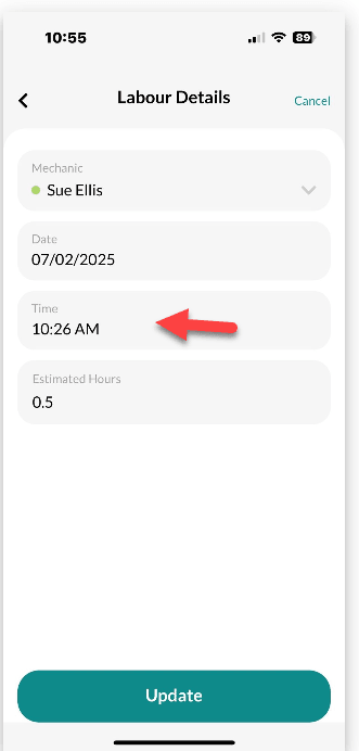 Workshop Software screen showing change the time by pressing on the time field then confirm