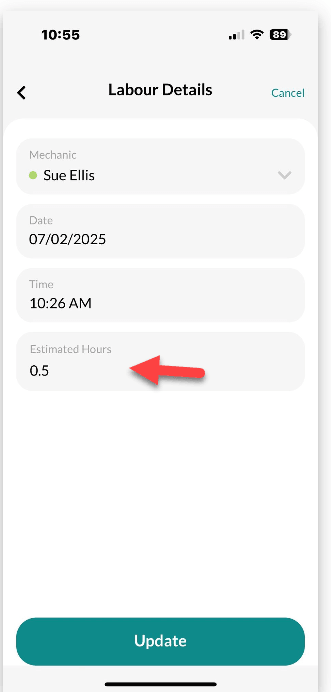 Workshop Software screen showing adjust the estimated hours by pressing on the estimated field