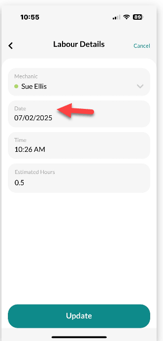 Workshop Software screen showing change the date by pressing on the date field then confirm