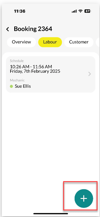 Workshop Software screen showing when you select the arrow to return to the booking, you can add more labour l…