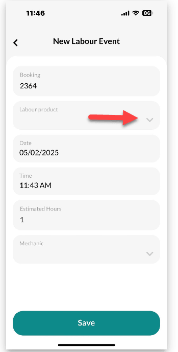 Workshop Software booking diary feature mobile app showing labour product by pressing the arrow in the labour field box