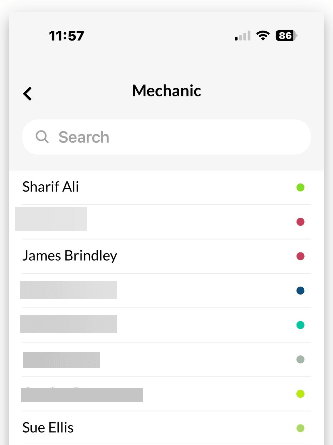 Workshop Software booking diary feature mobile app showing mechanic from list