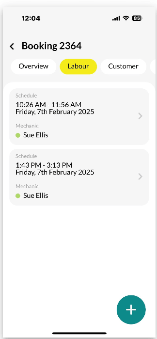 Workshop Software screen showing you will then be taken back to the booking’s labour field, where you can see …