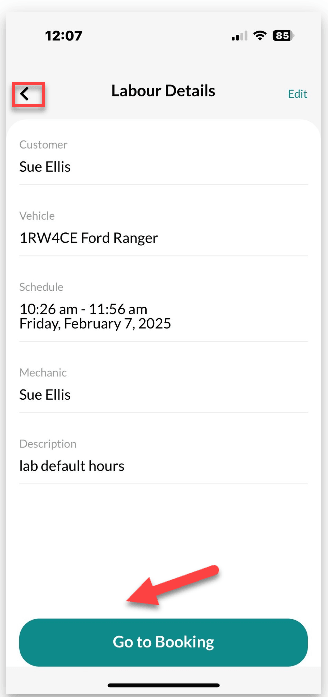 Workshop Software screen showing navigating to the booking diary or starting the job either select the arrow i…