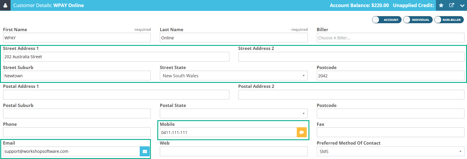 Workshop Software screen showing an email and/or mobile number recorded against the customer record