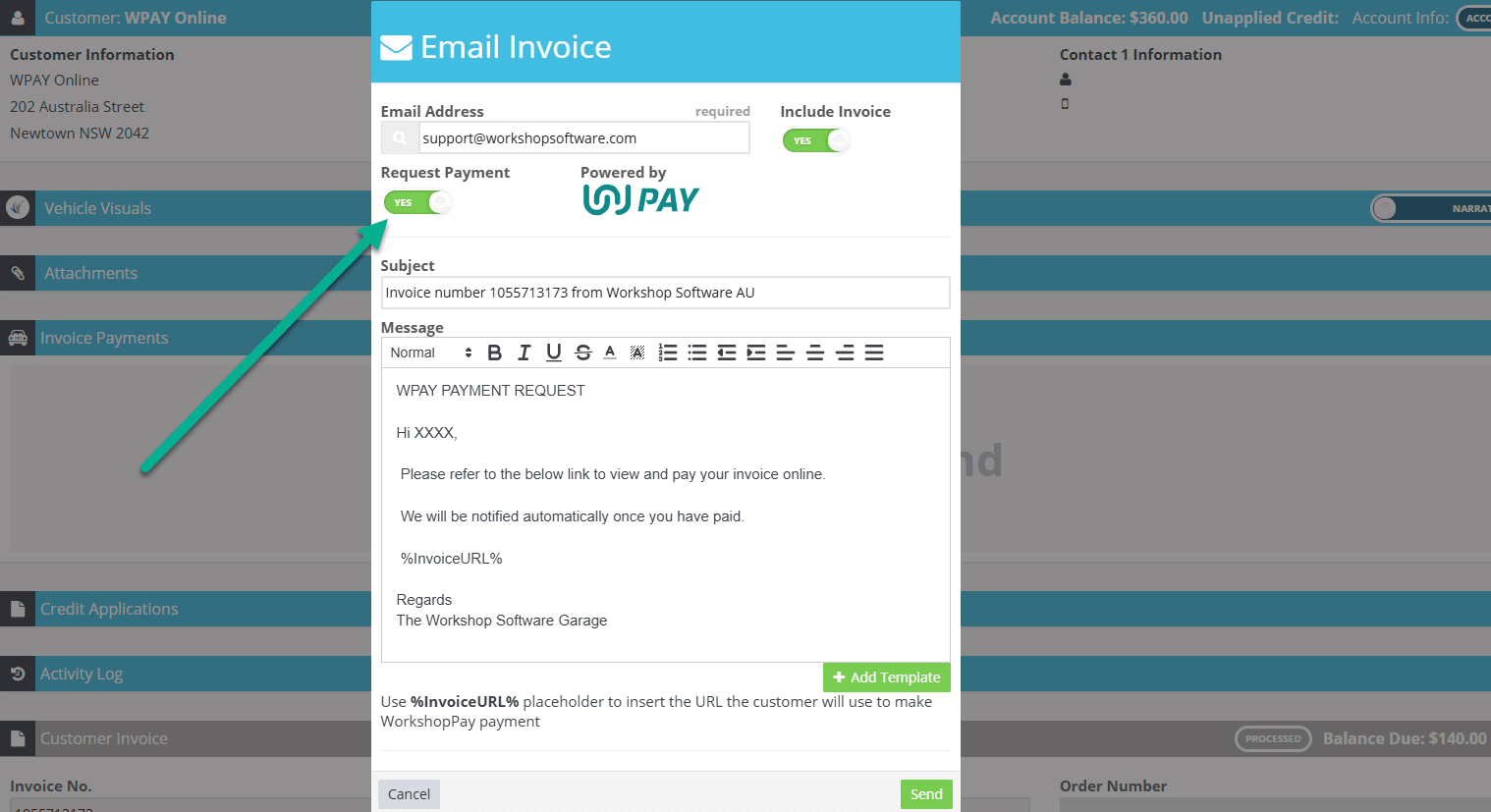 Workshop Software screen showing for more information on how to set up the default ‘request payment’ message, …