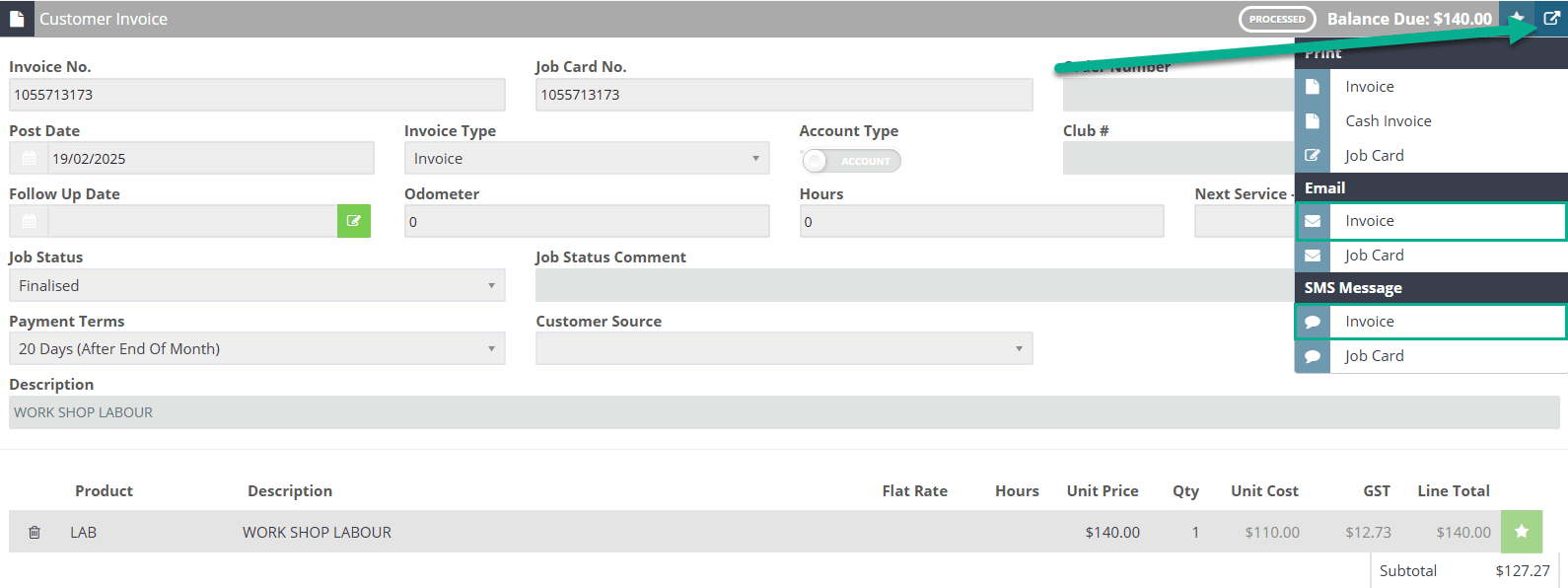Workshop Software workshoppay online showing arrow on the right hand side