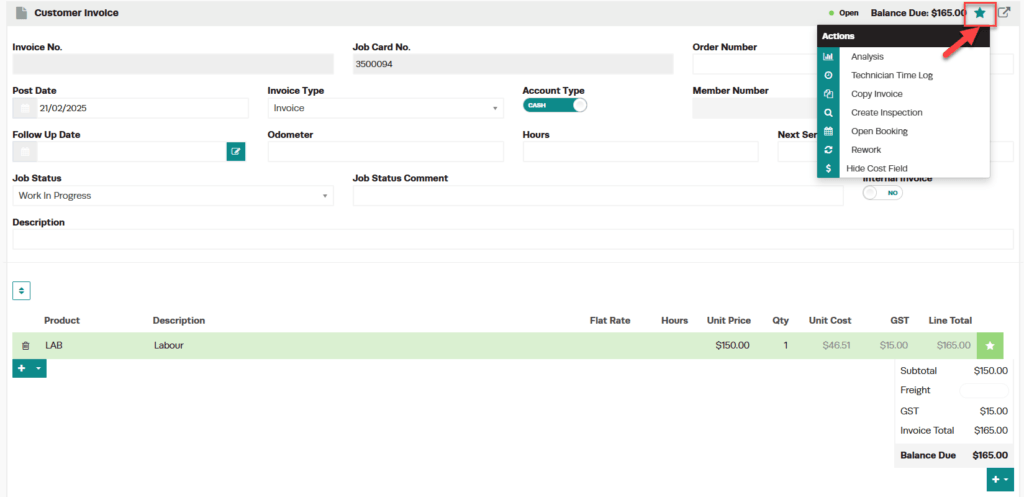 Workshop Software check the profitability of each job showing an invoice, click on the star icon located on the top right …