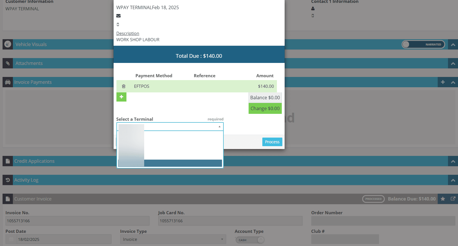 Workshop Software screen showing at this point you can direct your customer to make payment