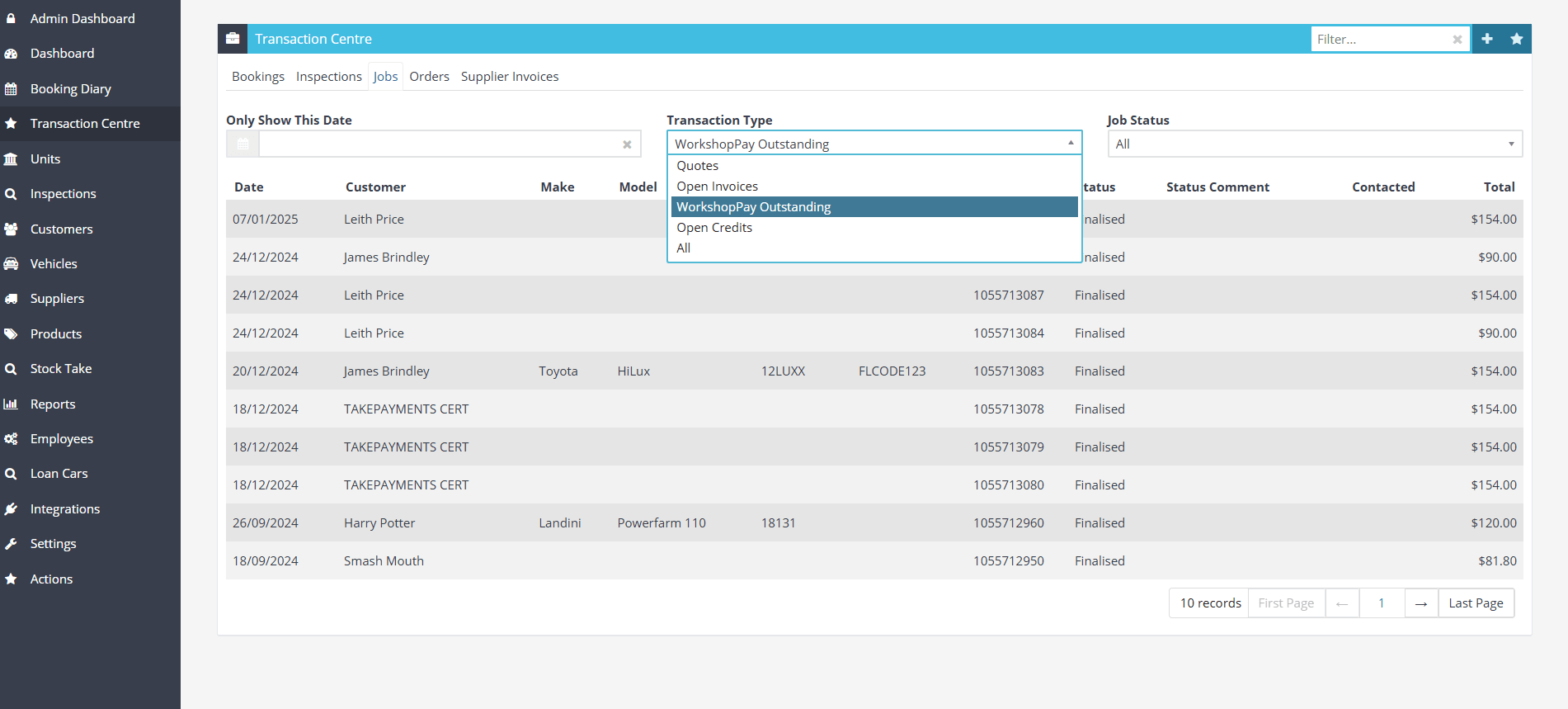 Workshop Software screen showing if you want to check which invoices have outstanding payment requests sent to…