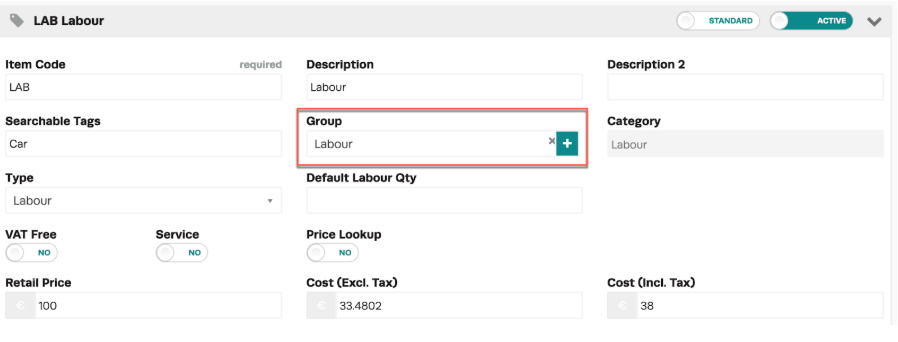Workshop Software screen showing the tax rate will be automatically calculated based on the category’s tax rate