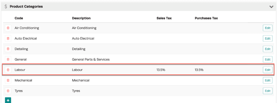 Workshop Software screen showing if a category does not have a tax rate assigned, it will default to the stand…