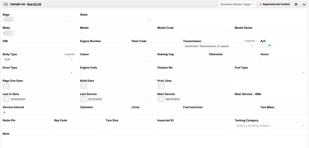 Workshop Software screen showing to apply a tracking category option open the vehicle registration profile to …