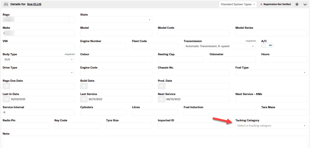 Workshop Software xero tracking categories showing tracking option that you set up in xero under the tracking category