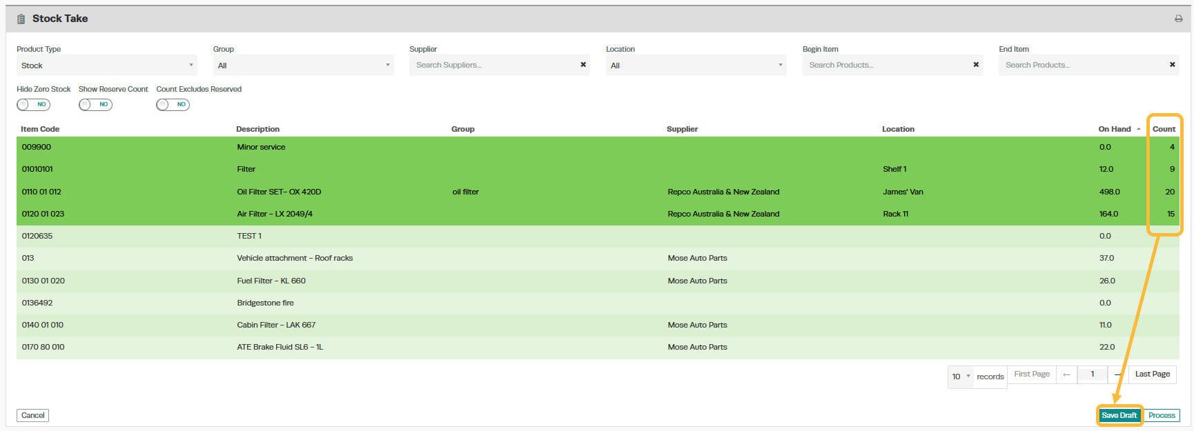 Workshop Software screen showing you can save the stock take as you go by clicking on the green ‘save draft’ b…