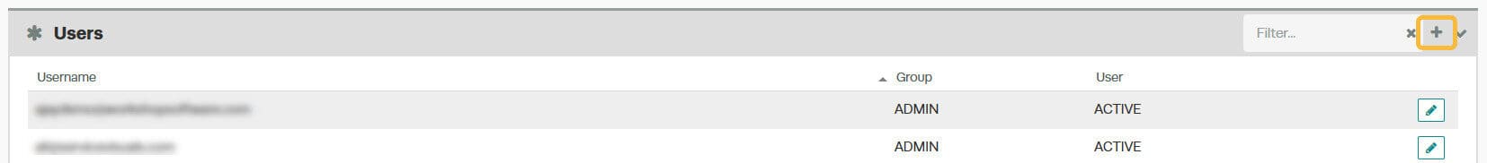 Users list with plus button to add a new user on the far right of the Users bar